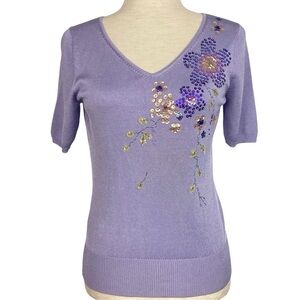 OSCAR DE LA RENTA V-Neck Short Sleeve Sweater with Sequin Floral